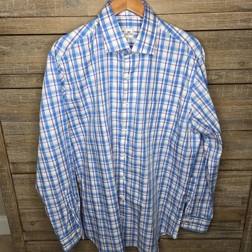 Peter Millar Men's Blue and Purple Plaid Long Sleeve Button Down Shirt Large